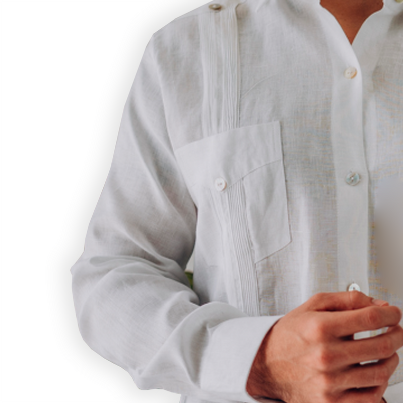 Guayabera blanca de lino para hombre con manga larga