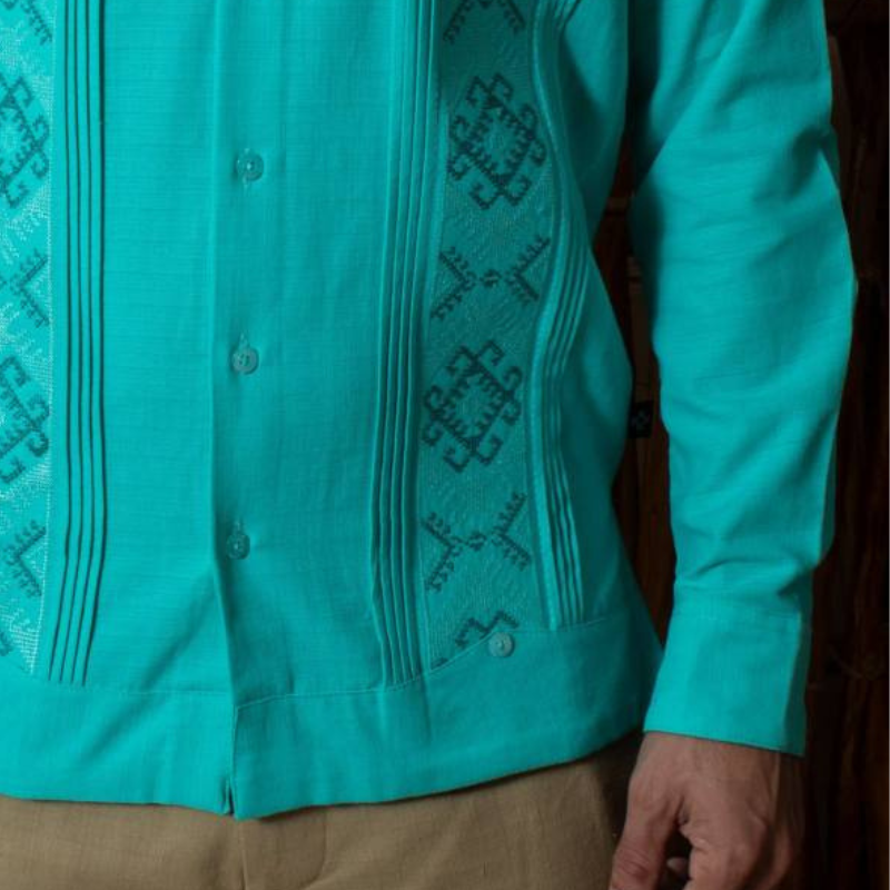 Guayabera verde esmeralda artesanal para hombre en lino y algodón