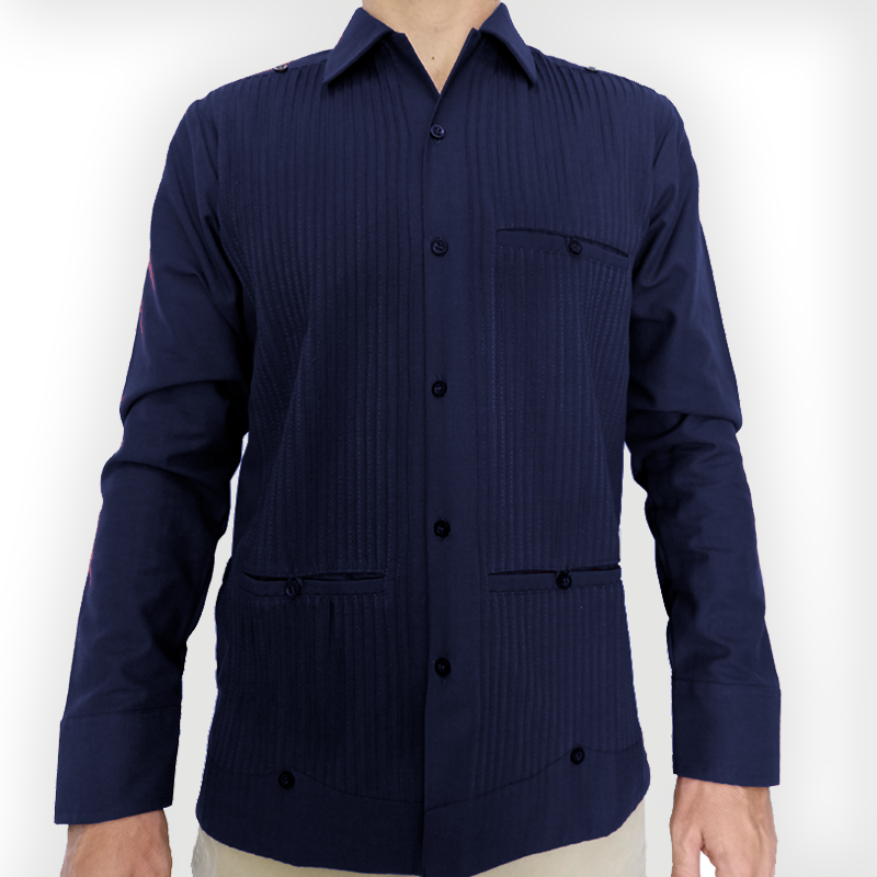 Guayabera azul marino manga larga con pliegues clásicos

