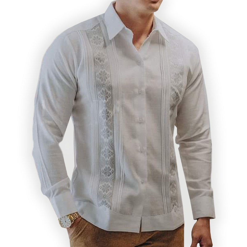 Guayabera blanca bordado gris