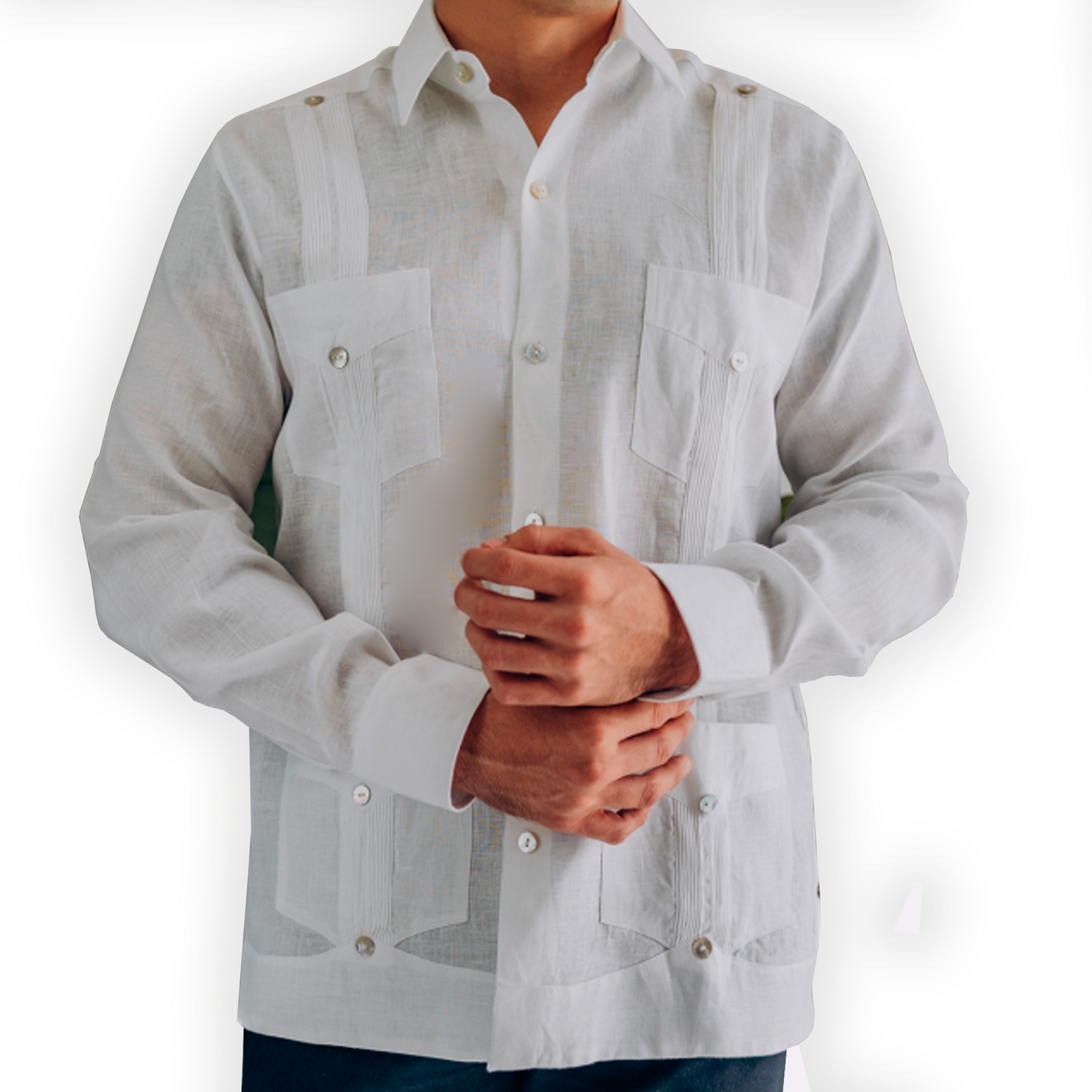 Guayabera blanca de lino para hombre con manga larga