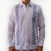 Guayabera blanca manga larga bordada con diseño mexicano
