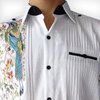 Guayabera bordada pájaro con detalles negros en cuello y botones