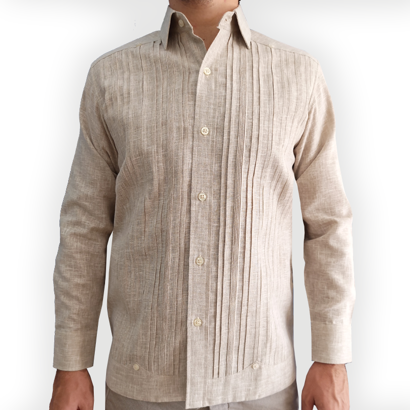 Guayabera color beige de lino para hombre estilo cubano

