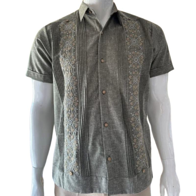 Guayabera de lino gris manga corta estilo clásico
