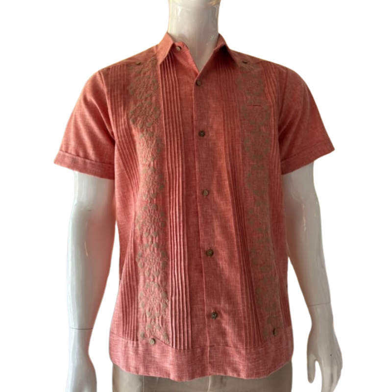 Guayabera de lino rosa coral manga corta elegante