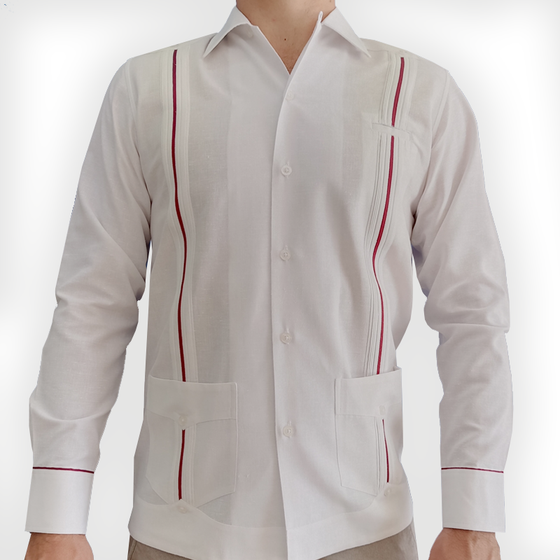 Guayabera hombre manga larga blanca con detalles vino en el frente