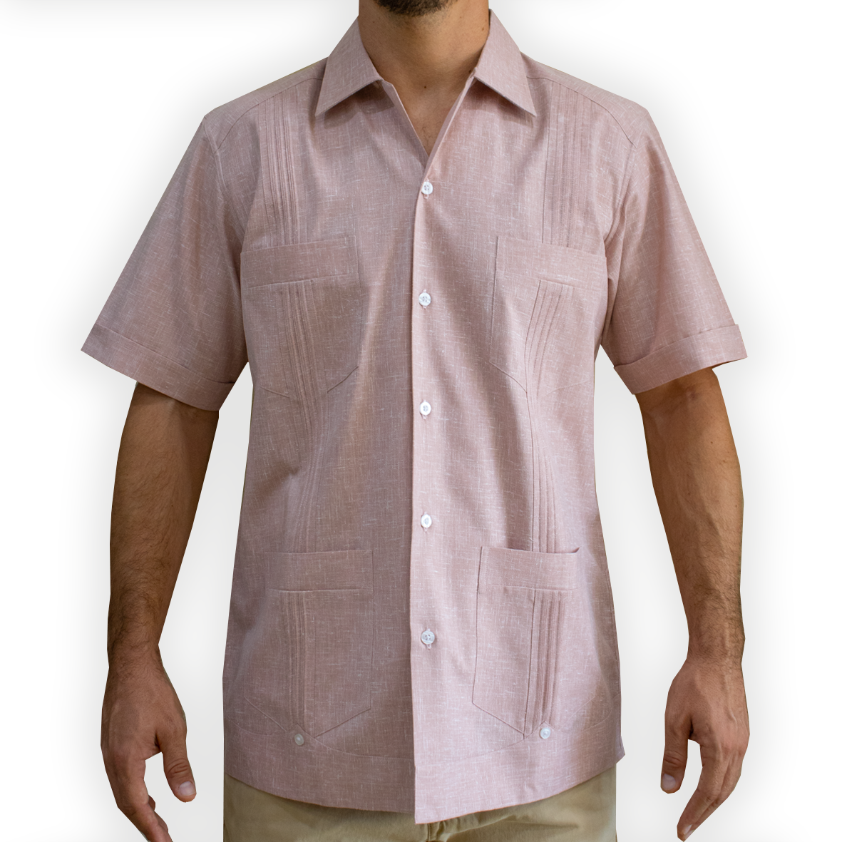 Guayabera palo de rosa manga corta con pliegues artesanales

