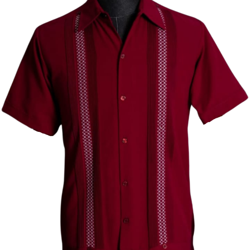 Guayabera roja de manga corta para hombre, mezcla de lino y algodón, diseño artesanal.