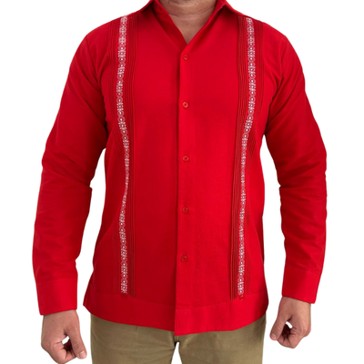 Guayabera roja de manga larga para hombre, mezcla de lino y algodón, diseño artesanal.