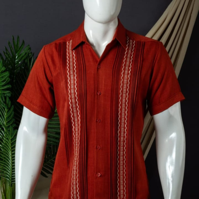 Guayabera roja para hombre artesanal de lino y algodón