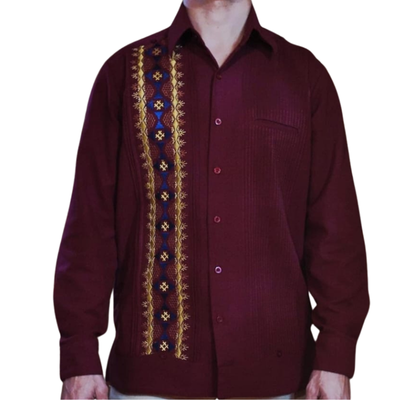 Guayabera rojo quemado para hombre, mezcla de lino y algodón, diseño artesanal