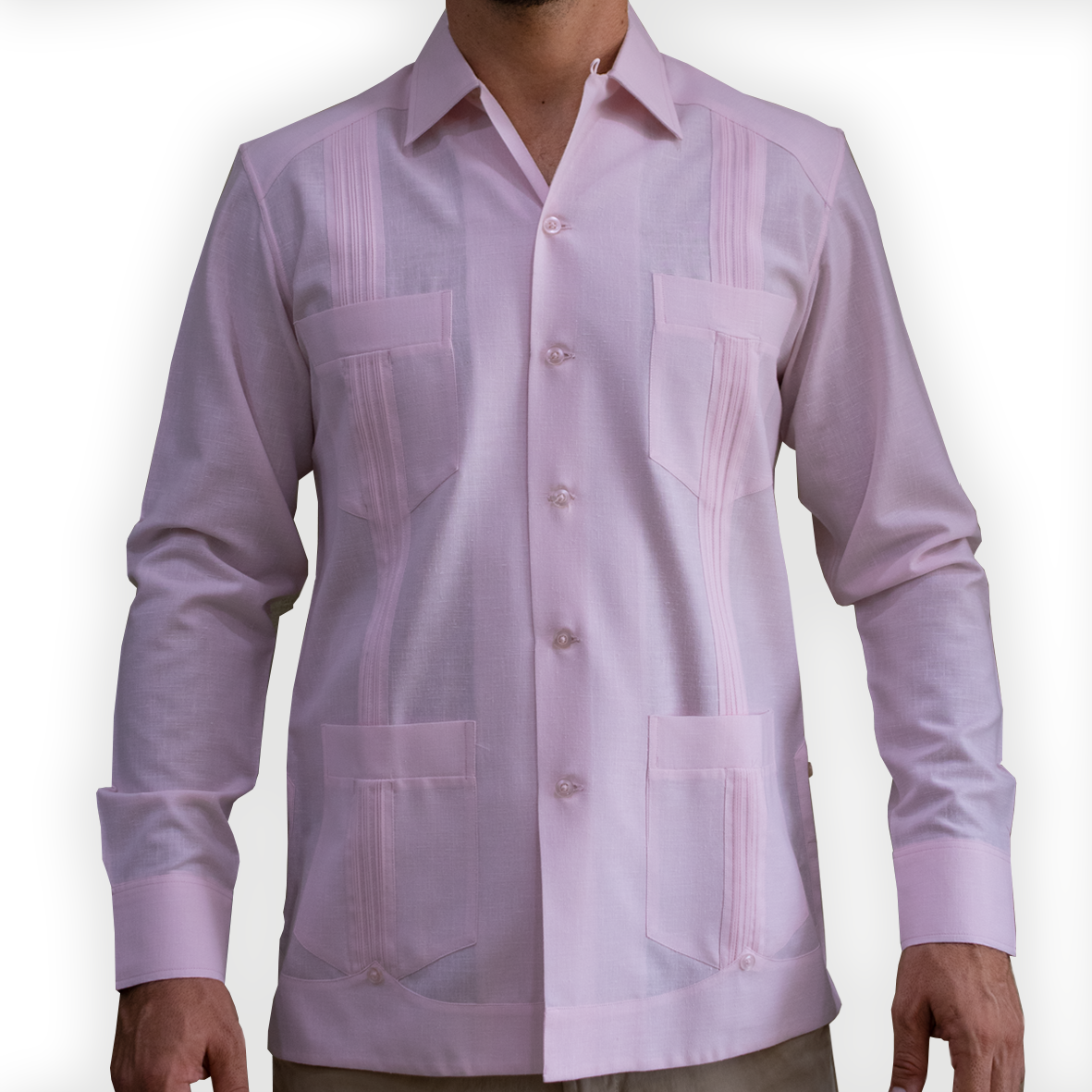 Guayabera rosa manga larga de algodón para hombre

