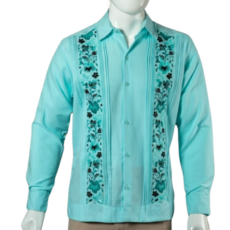 Guayabera verde agua artesanal para hombre en lino y algodón.