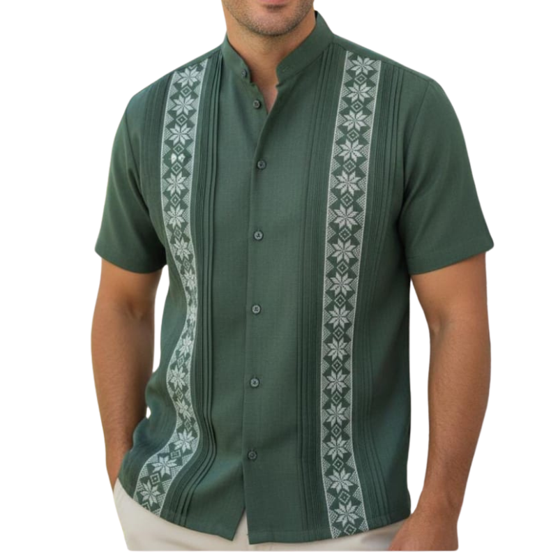 Guayabera verde botella artesanal para hombre en lino y algodón