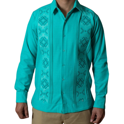 Guayabera verde esmeralda artesanal para hombre en lino y algodón