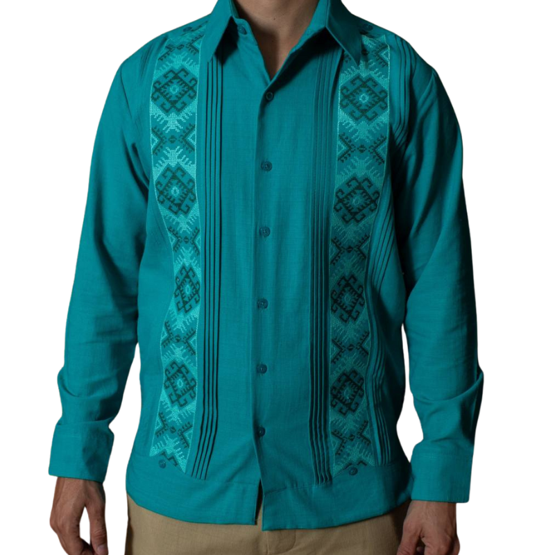 Guayabera verde jade artesanal para hombre de lino y algodón