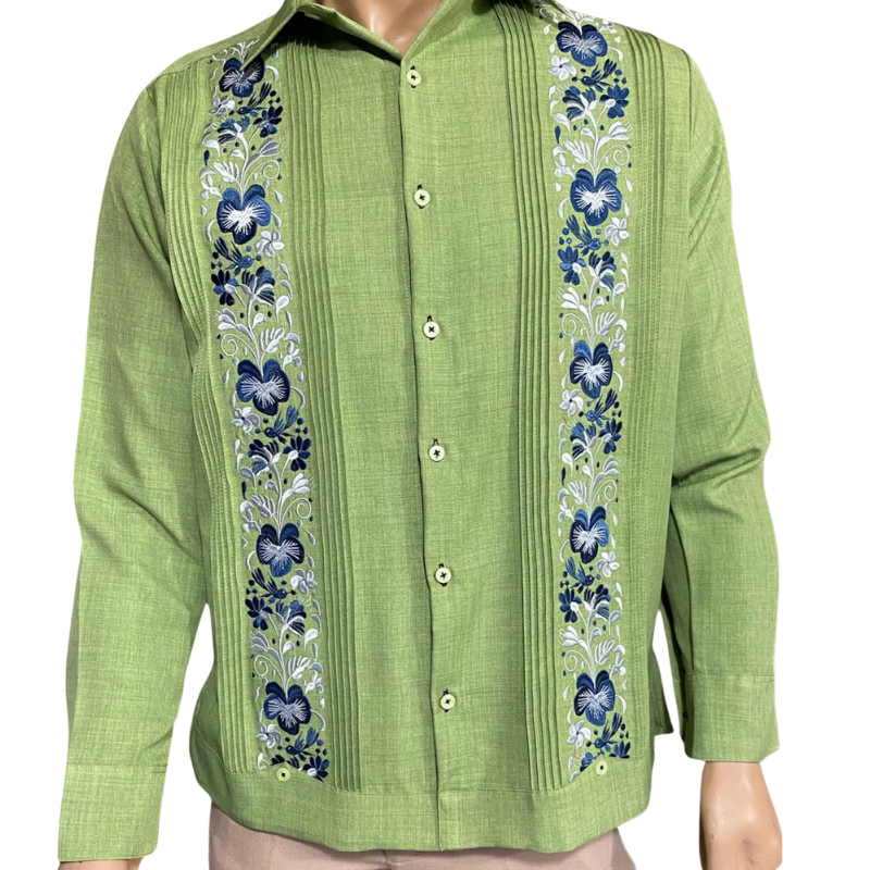 Guayabera verde manzana artesanal de lino y algodón para hombre