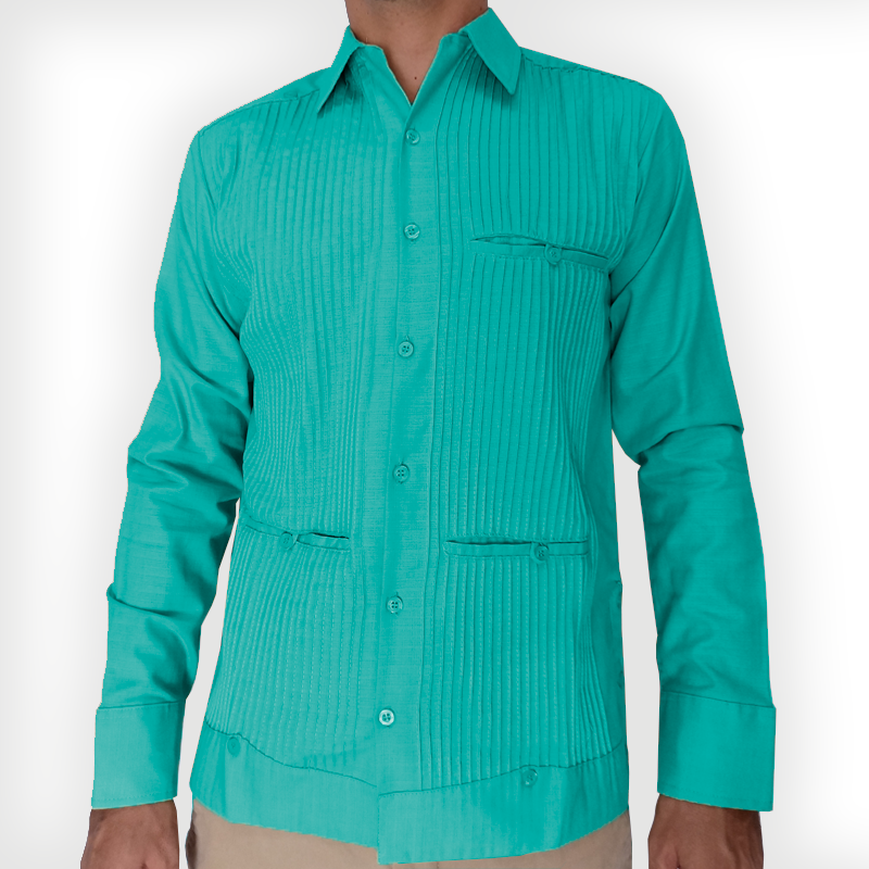 Guayabera verde menta de manga larga para hombre

