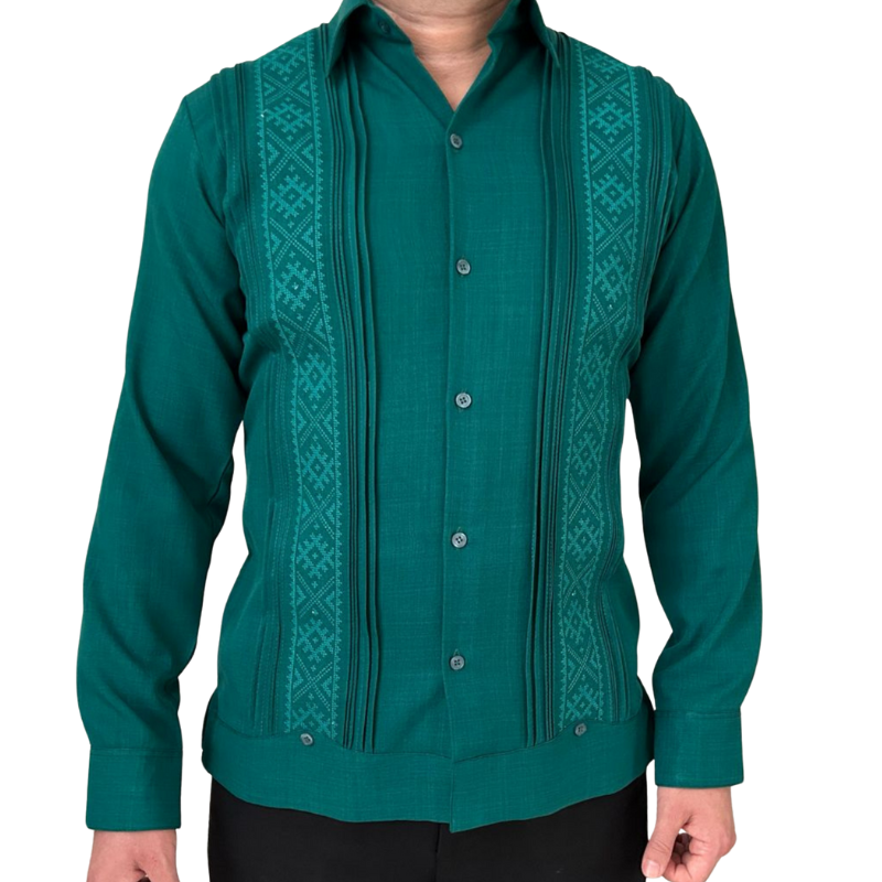 Guayabera yucateca verde artesanal hecha en Yucatán para hombre