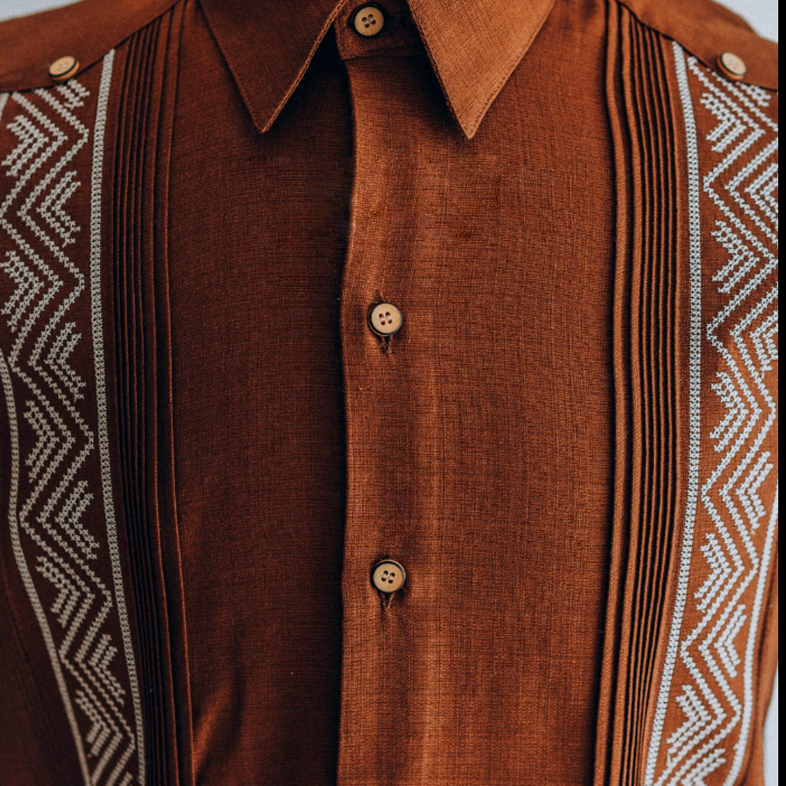 Hombre con guayabera color ladrillo bordada posando con pantalones de vestir claros

