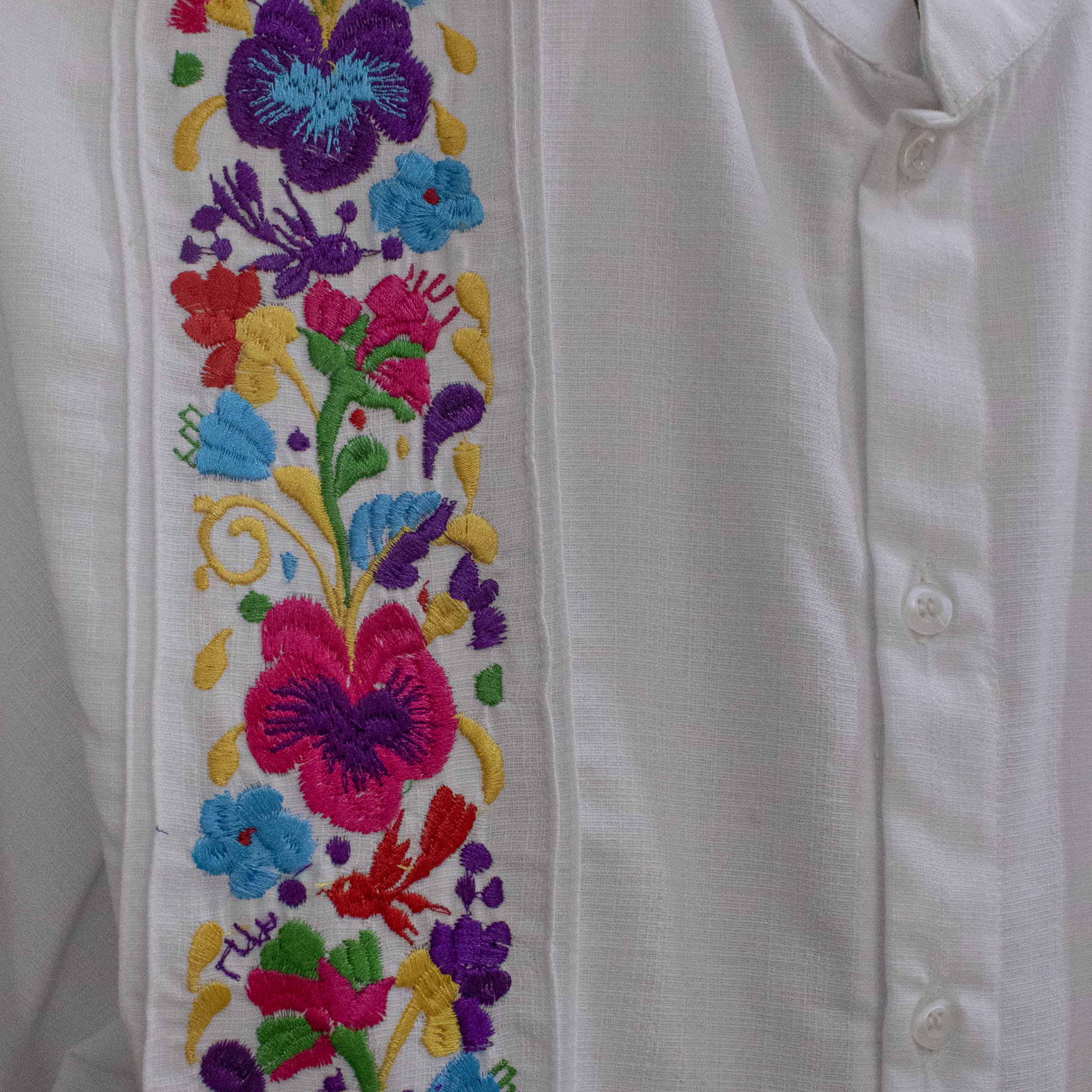 Modelo luciendo guayabera floreada en ambiente casual elegante