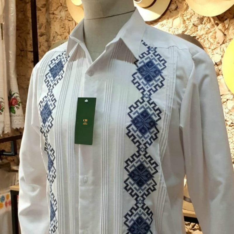 guayabera blanca bordado azul manga larga para hombre