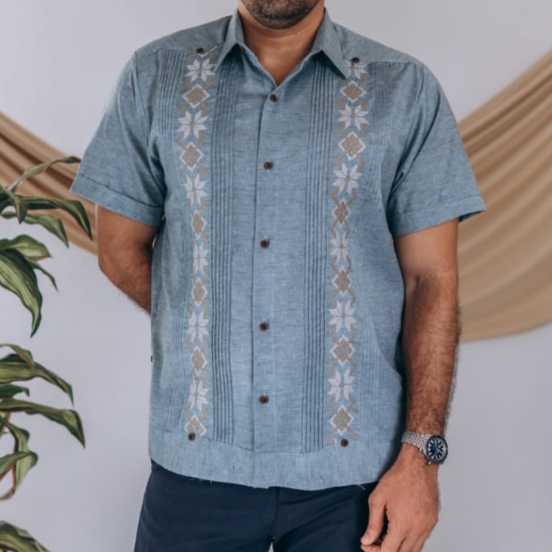 guayabera bordada azul manga corta para hombre