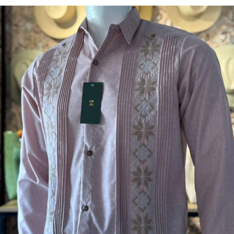 guayabera color rosa viejo manga larga bordada para hombre