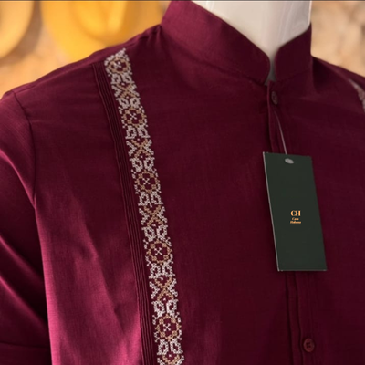 guayabera cuello mao rojo vino para hombre